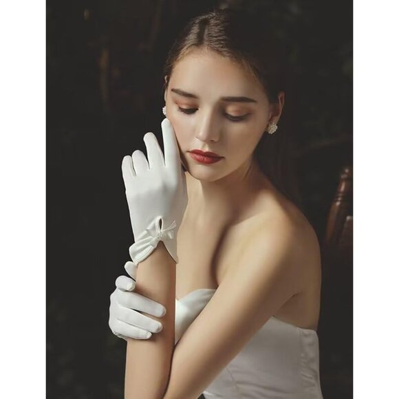 Women's Satin Short Gloves Pearl Bow Flower Elegant Opera Party Accessory - Picture 3 of 6